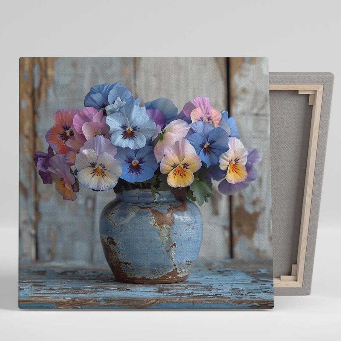Pastel Pansy Bouquet Distressed Blue Vase Rustic Still Life Poster