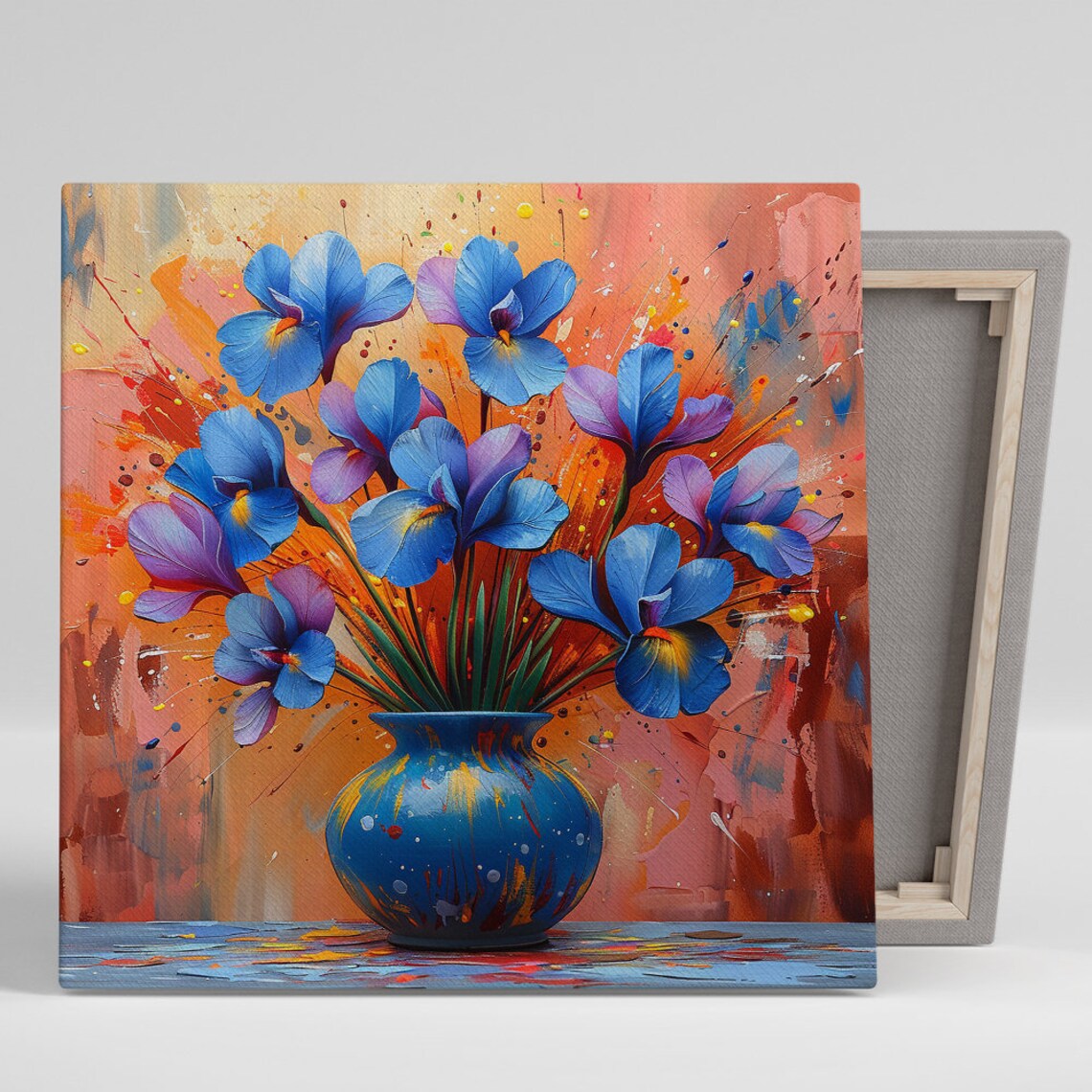 Blue Iris Bouquet in Blue Vase on Fiery Abstract Floral Wall Art