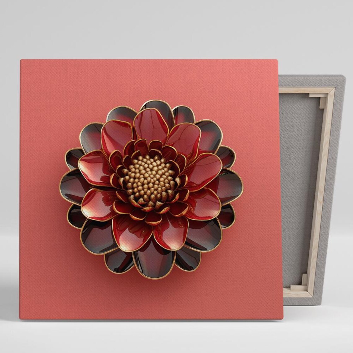 Crimson Dahlia Gold Center 3D Glossy Bloom Coral Background Art Poster