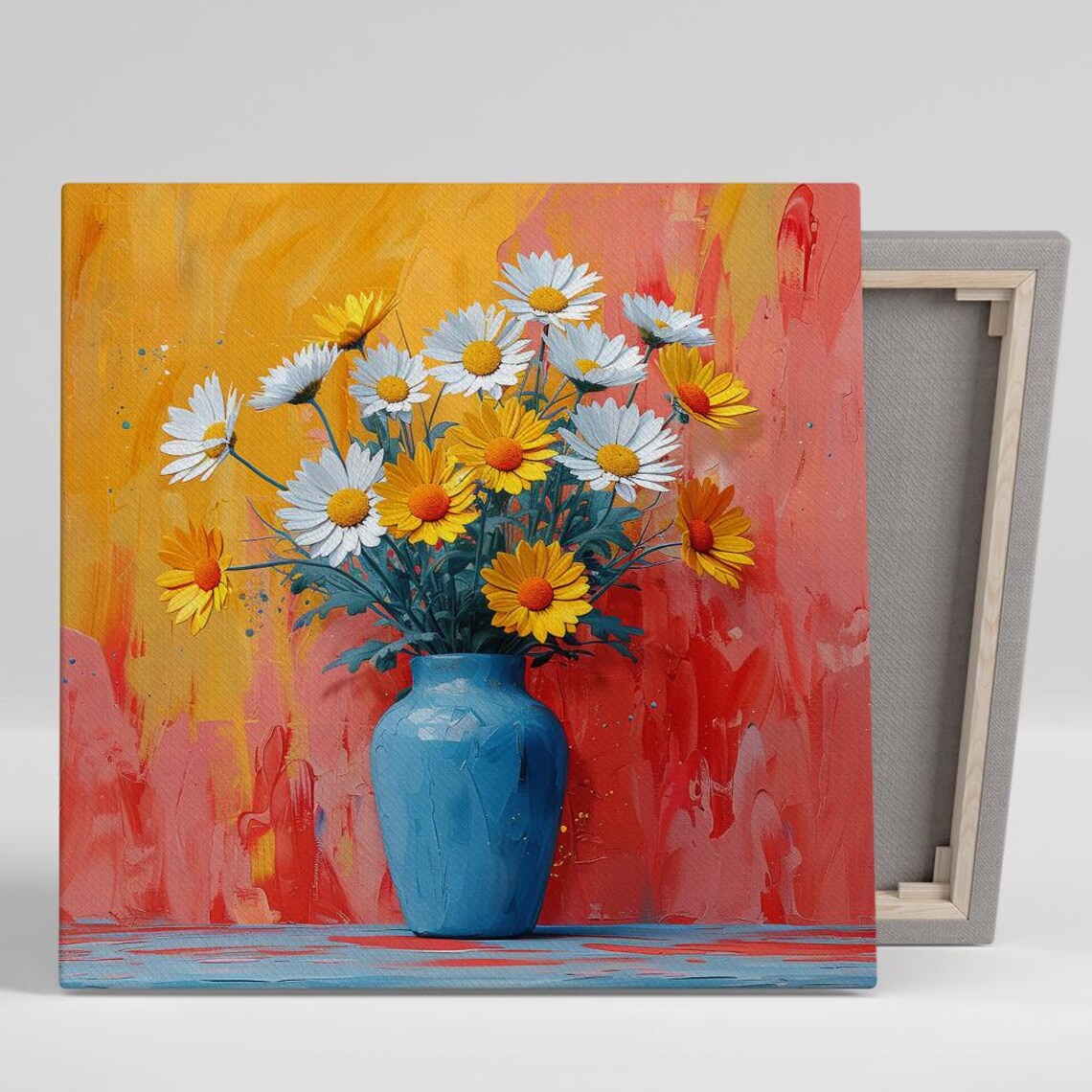 White And Yellow Daisies Blue Vase Warm Impasto Painting Poster