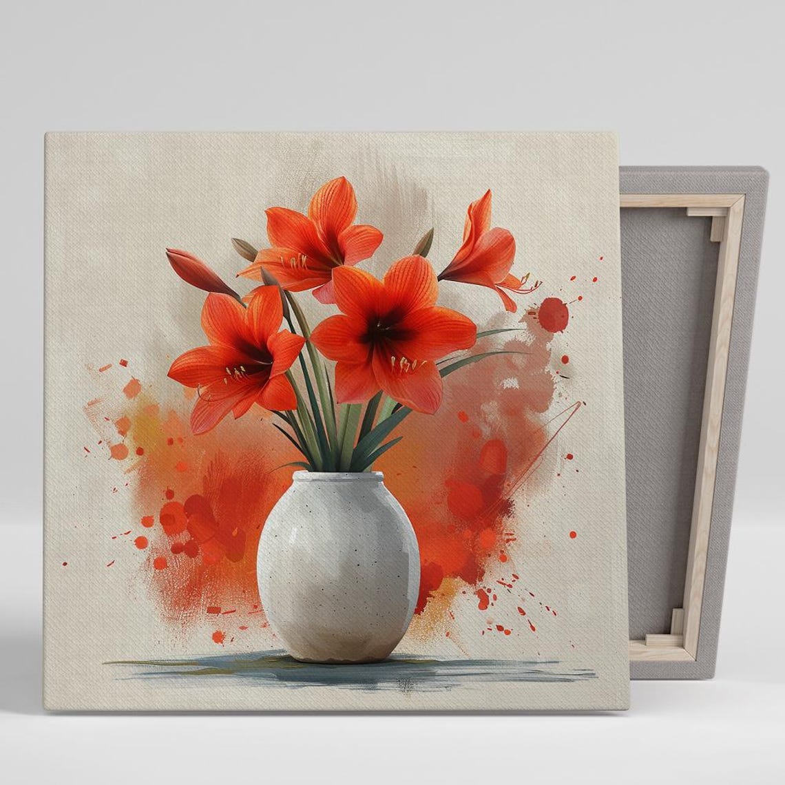Red Amaryllis Blooms White Vase Watercolor Splash Modern Floral Poster