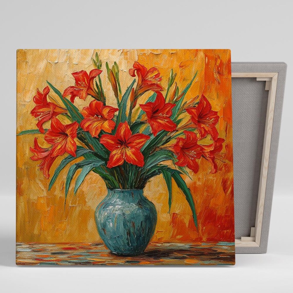 Red Orange Lilies in Teal Vase on Golden Impasto Floral Wall Art