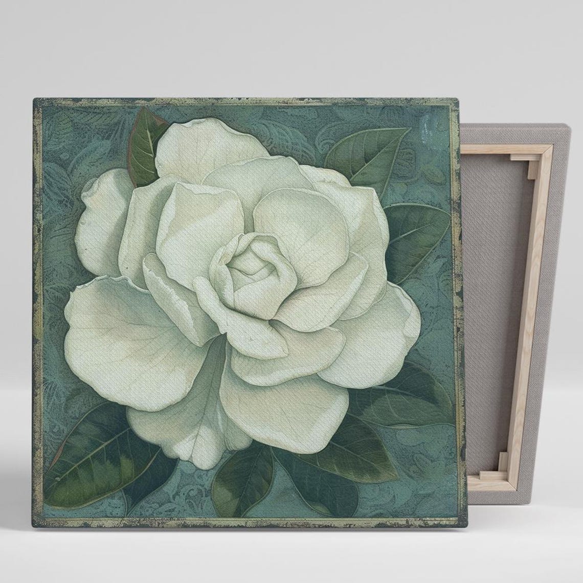 White Gardenia Teal Damask Vintage Elegant Botanical Art Poster
