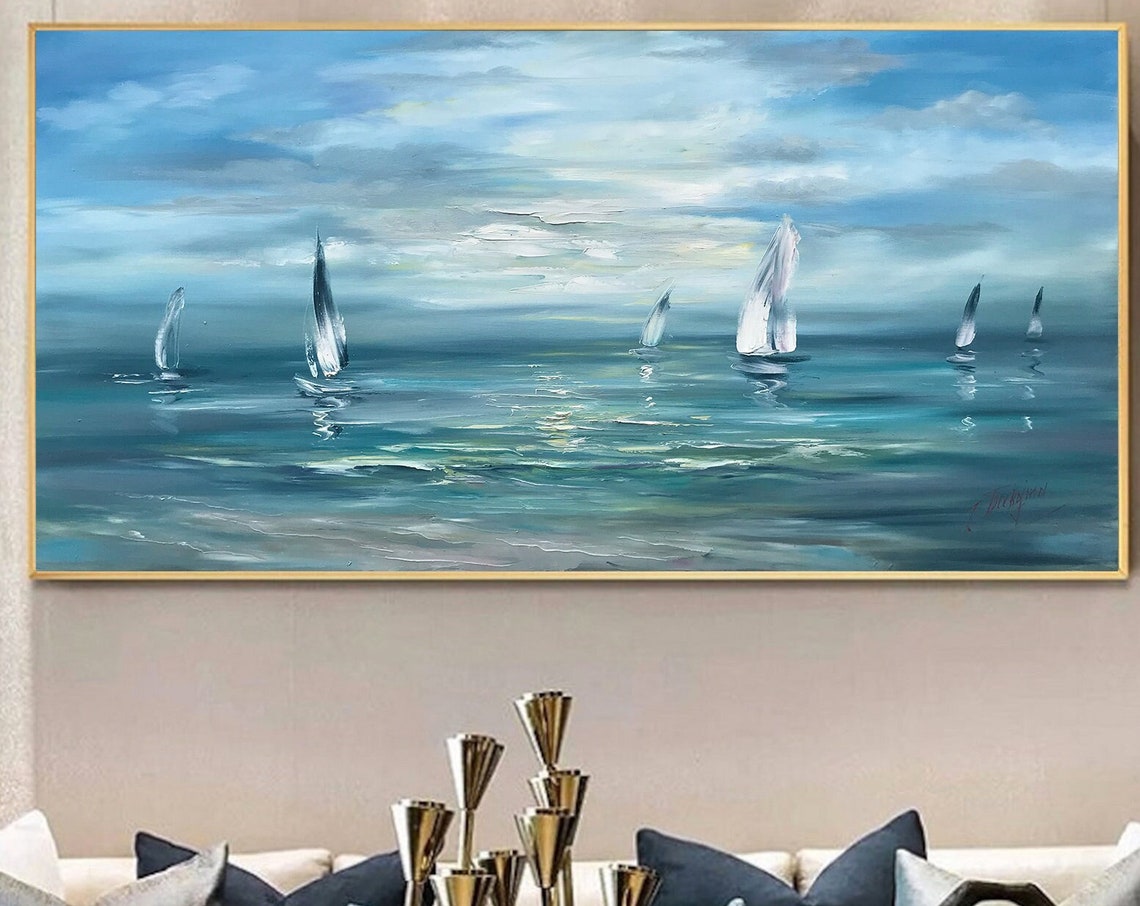 White Sailboats On Blue Ocean Seascape Soft Cloudy Sky Wall Poster - Image 3