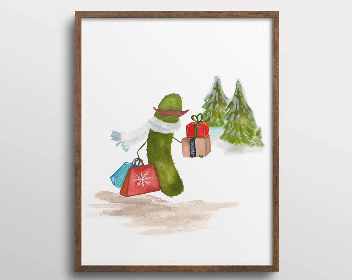 Whimsical Pickle Shopping For The Holidays, Art Print