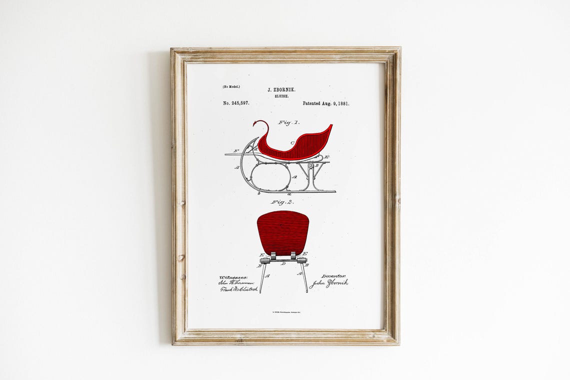 1881 Sleigh Patent Drawing Zbornik Red Sled Vintage Winter Poster - Image 3