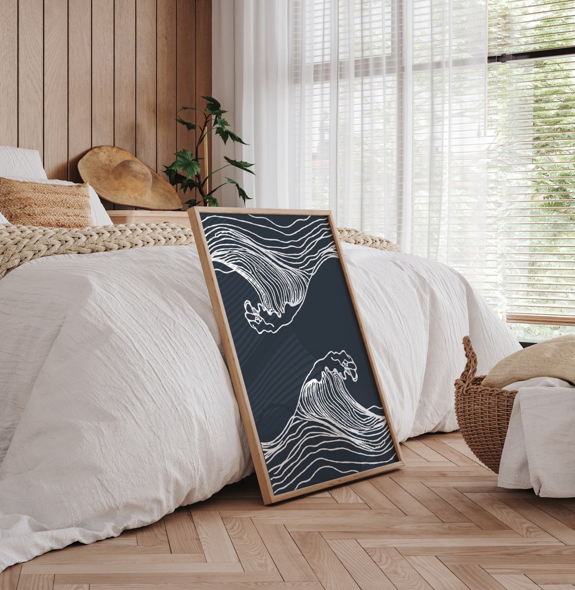 Stylish Japanese Ocean Wave Line Art Navy Minimalist Coastal Poster - Image 3