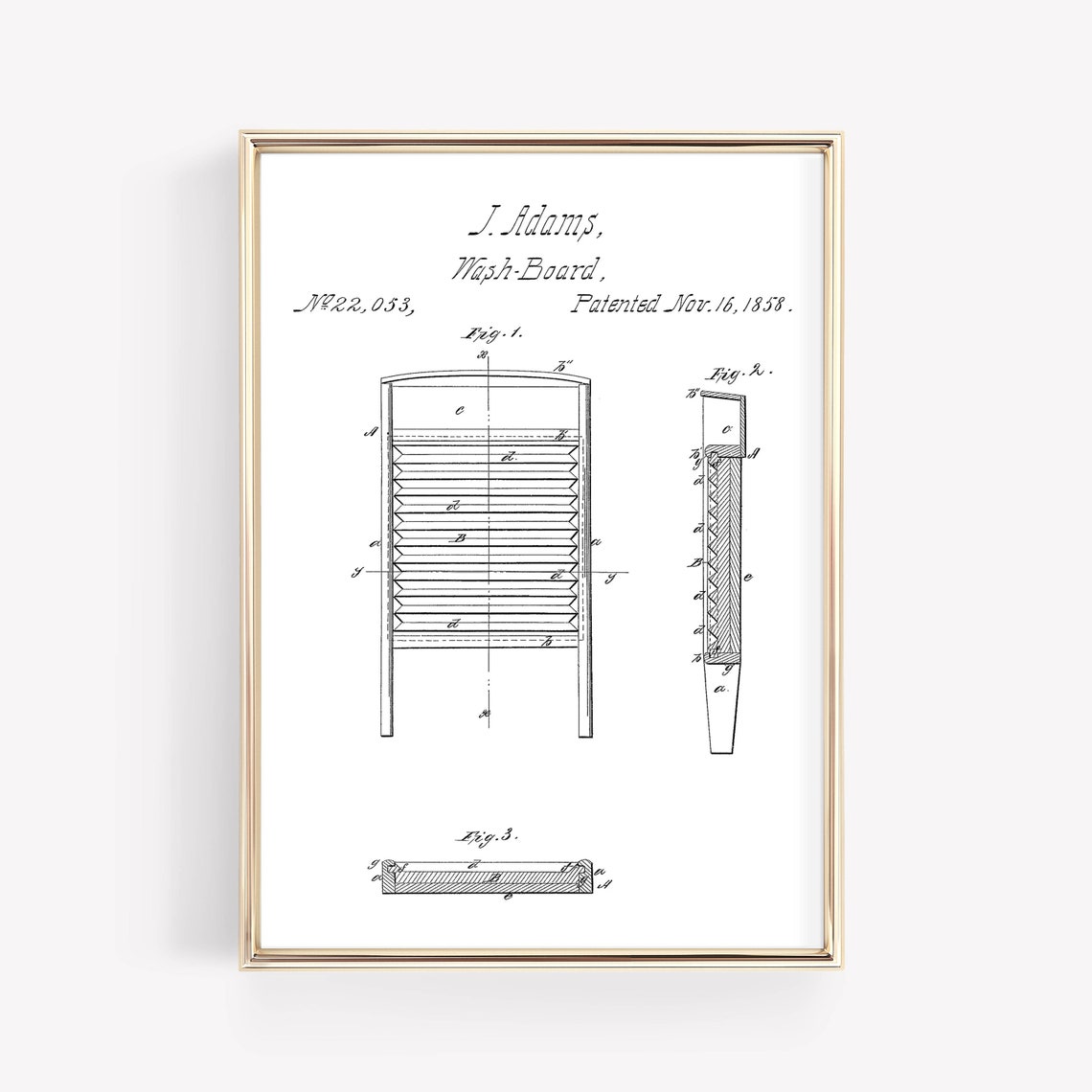 1858 Wash Board Patent Drawing J Adams Vintage Laundry Poster - Image 2