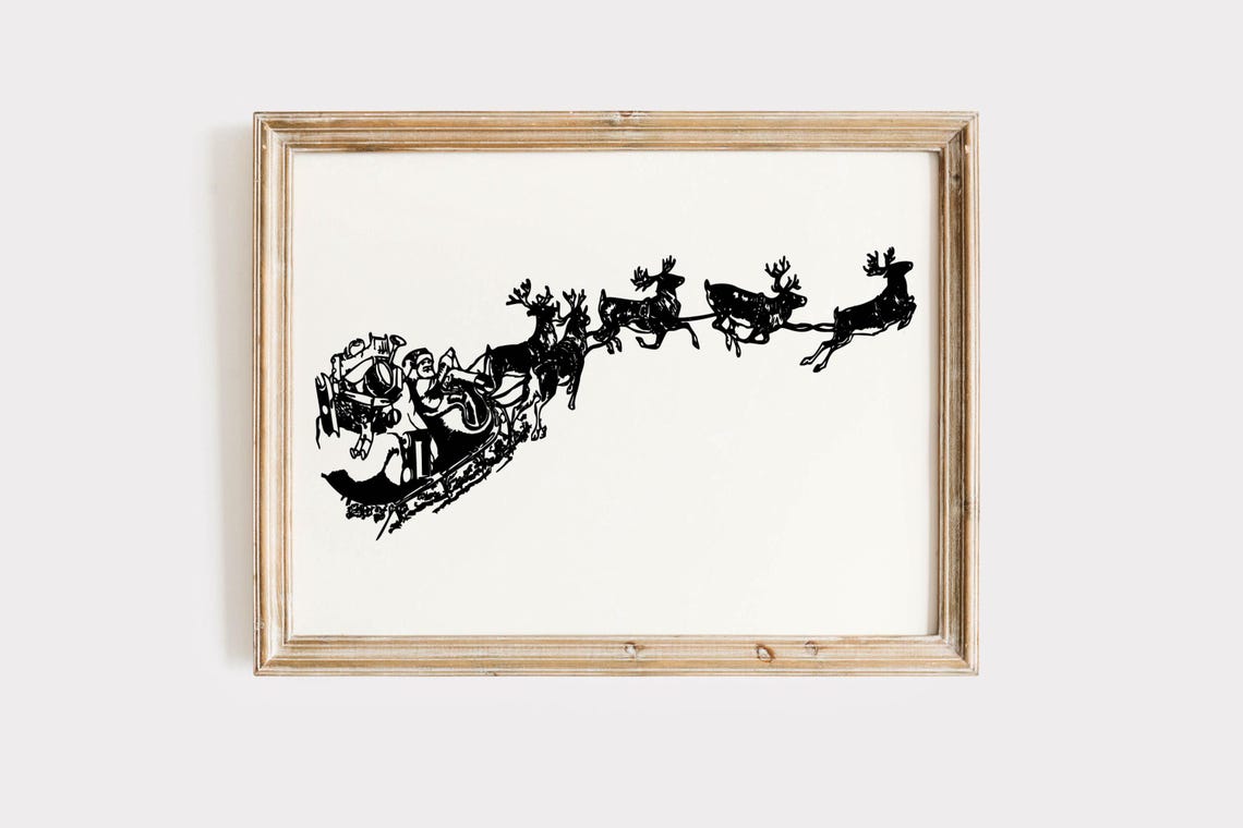 Santa Sleigh Reindeer Silhouette Vintage Engraving Art Poster - Image 6