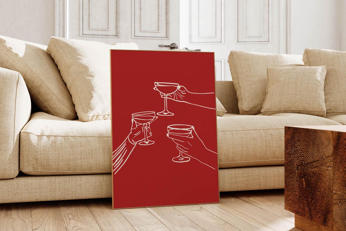 Elegant Cheers Coupe Glasses Toast Minimalist Red Bar Cart Poster - Image 6