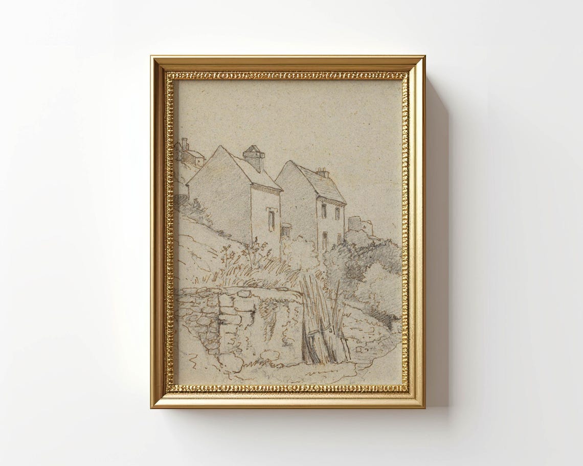 Vintage Pencil Sketch Rustic Cottages Landscape Drawing Poster - Image 2