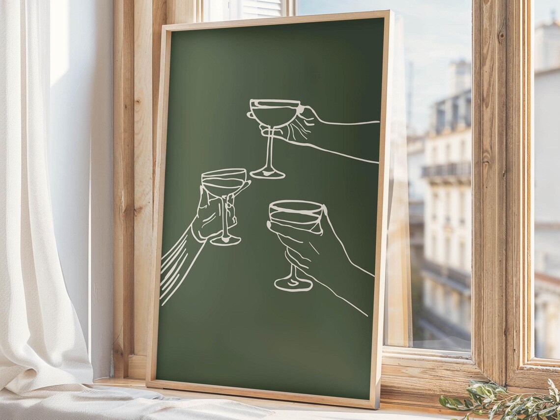 Cheers Toast Champagne Coupes Line Art On Dark Green Bar Cart Wall Art Print - Image 2