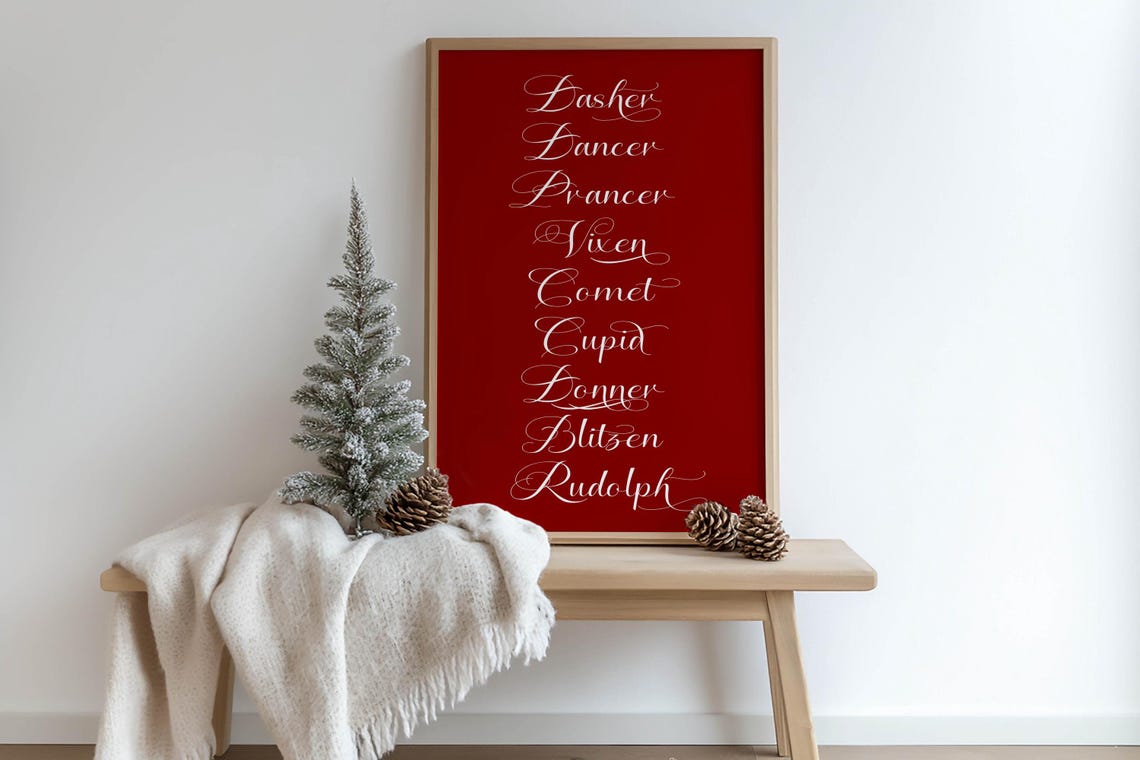 Classic Santa Reindeer Names Red Christmas Typography Script Poster - Image 3