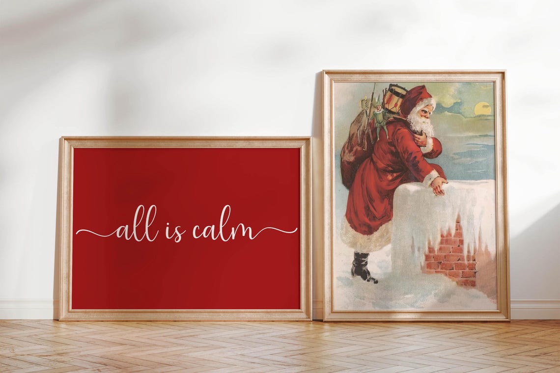 All Is Calm White Calligraphy Minimalist Red Christmas Poster - Image 2
