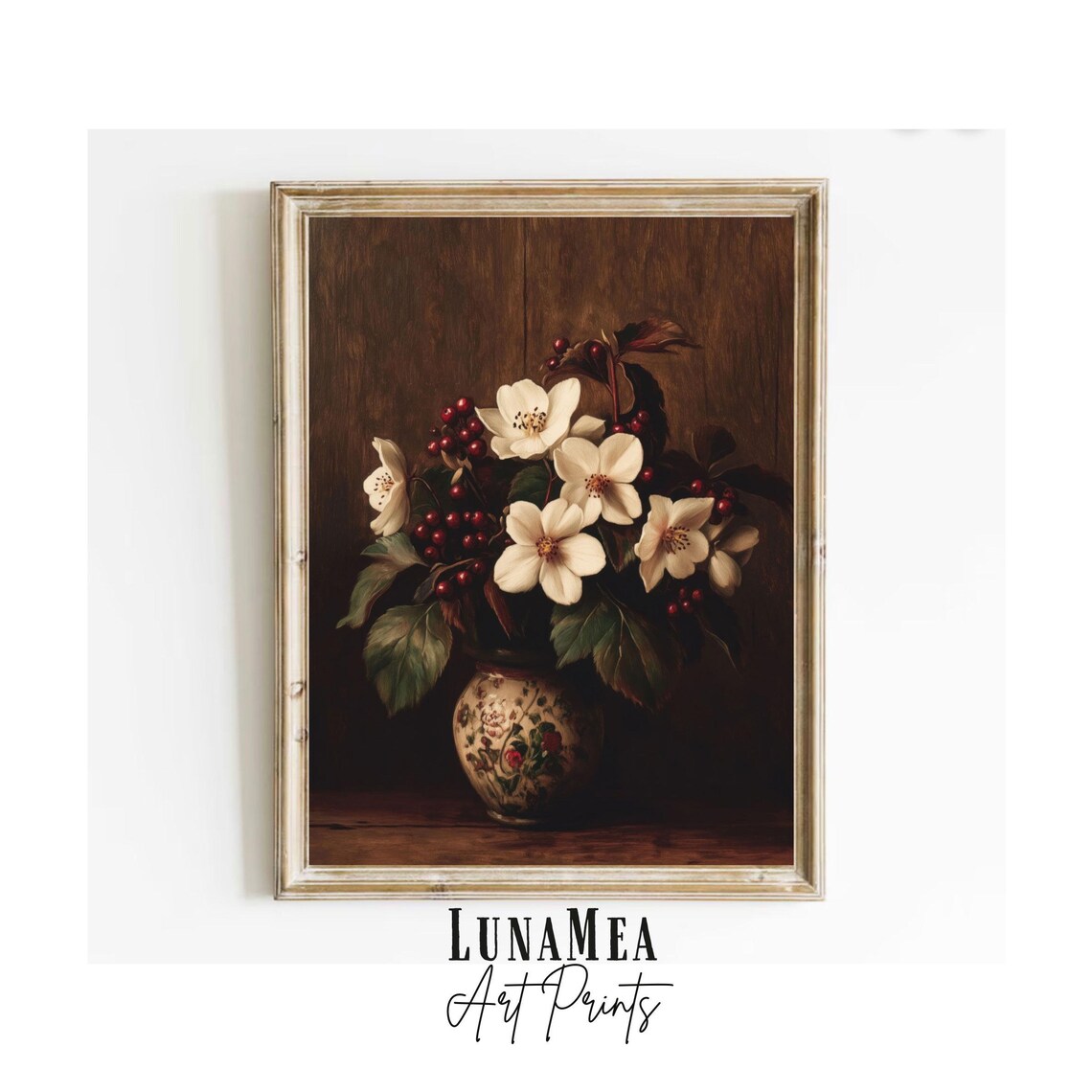 Rustic Winter Flower Still Life White Blossoms Red Berries Painting Wall Art