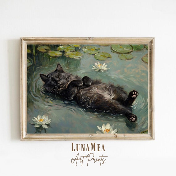 Black Cat Water Lilies Illustration In Claude Monet Style Cat Poster Animal Wall Art Gift For Cat Lovers Pet Artwork Cat Painting