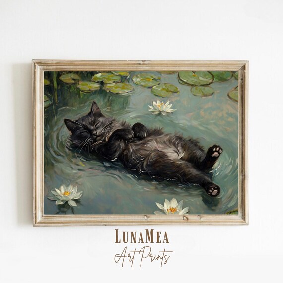 Whimsical Black Cat Floating In Lily Pond Impressionist Watercolor Cat Poster