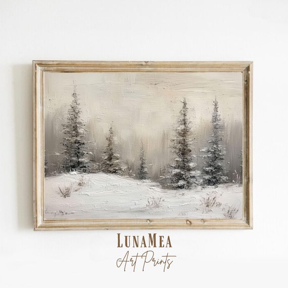 Winter Art Print Forest Snowy Landscape With Pine Trees Rustic Moody Vintage Oil Painting Minimalist Neutral Christmas Wall Art