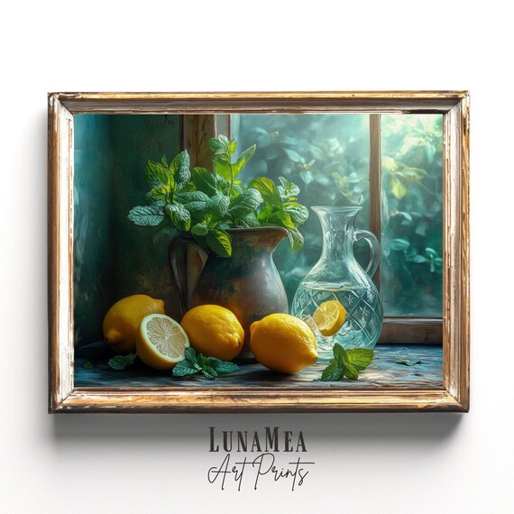 Rustic Lemon And Mint Poster Citrus Wall Art Print Farmhouse Still Life Decor Dark Academia Painting Yellow Fruits Style
