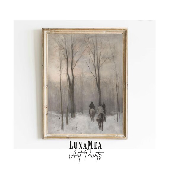 Winter Horse Riders in Snowy Forest Muted Vintage Equestrian Painting Wall Art