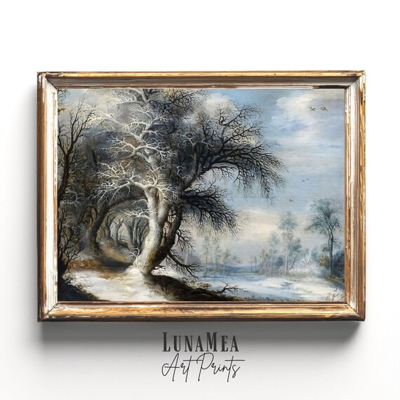 Vintage Winter Landscape Frosty Trees Frozen River Pale Sky Painting Wall Art