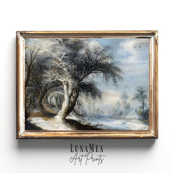 Vintage Winter Landscape Painting Cottagecore Decor Forest Lake Print Moody Mystic Wall Art Dark Academia