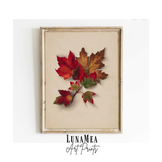 Vintage Fall Foliage Botanical Painting Red Green Autumn Leaves Decor Poster