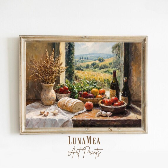 Autumn Harvest Still Life With Bread Wine And Fruit Rustic Kitchen Art Poster