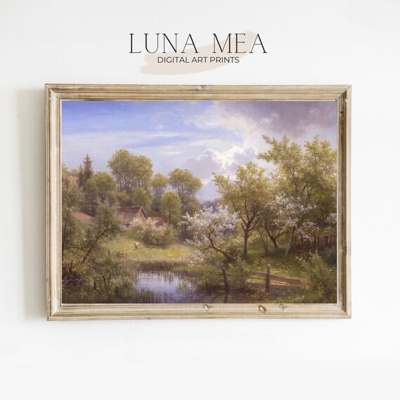 Vintage Spring Landscape With Pond Cottage And Blossoming Trees Art Poster