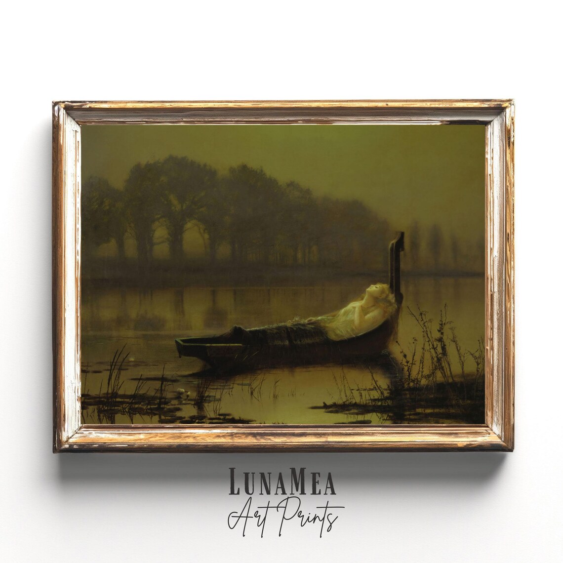 The Lady of Shalott Vintage Painting Woman in Boat Moody River Scene Wall Art