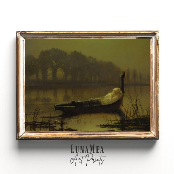 The Lady of Shalott Vintage Painting Woman in Boat Moody River Scene Wall Art