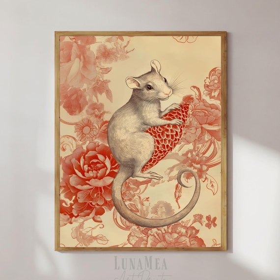 Zodiac Art Print Chinese Zodiac Rat Asian Wall Art With Flowers Lunar New Year Poster Feng Shui Wall Decor For Luck Prosperity