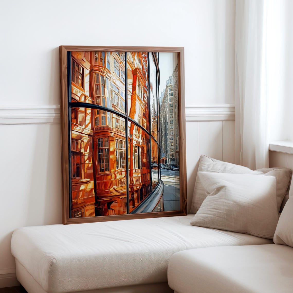 Orange Brick Buildings Reflected Curved Bus Window Art Poster