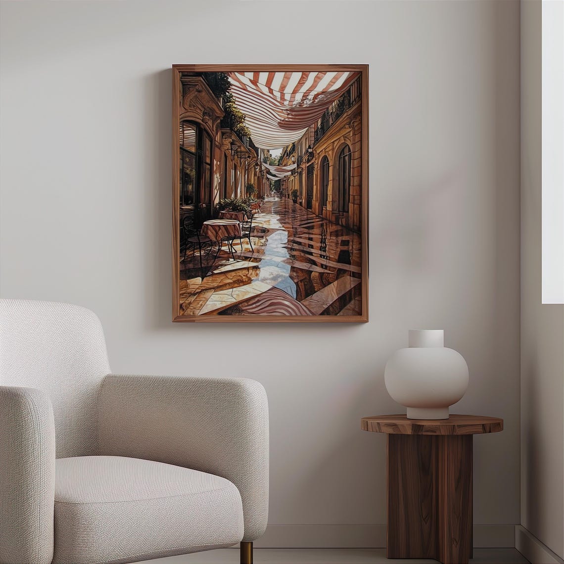 Paris Street Striped Awnings Cafe Table Wet Cobblestone Art Poster - Image 2