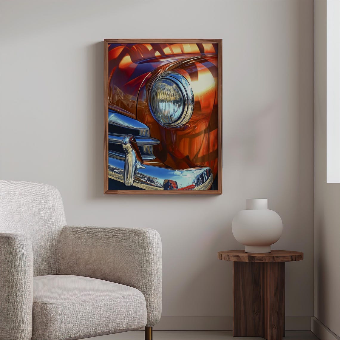 Orange Classic Car Headlight Chrome Grille Gloss Close-Up Poster - Image 2