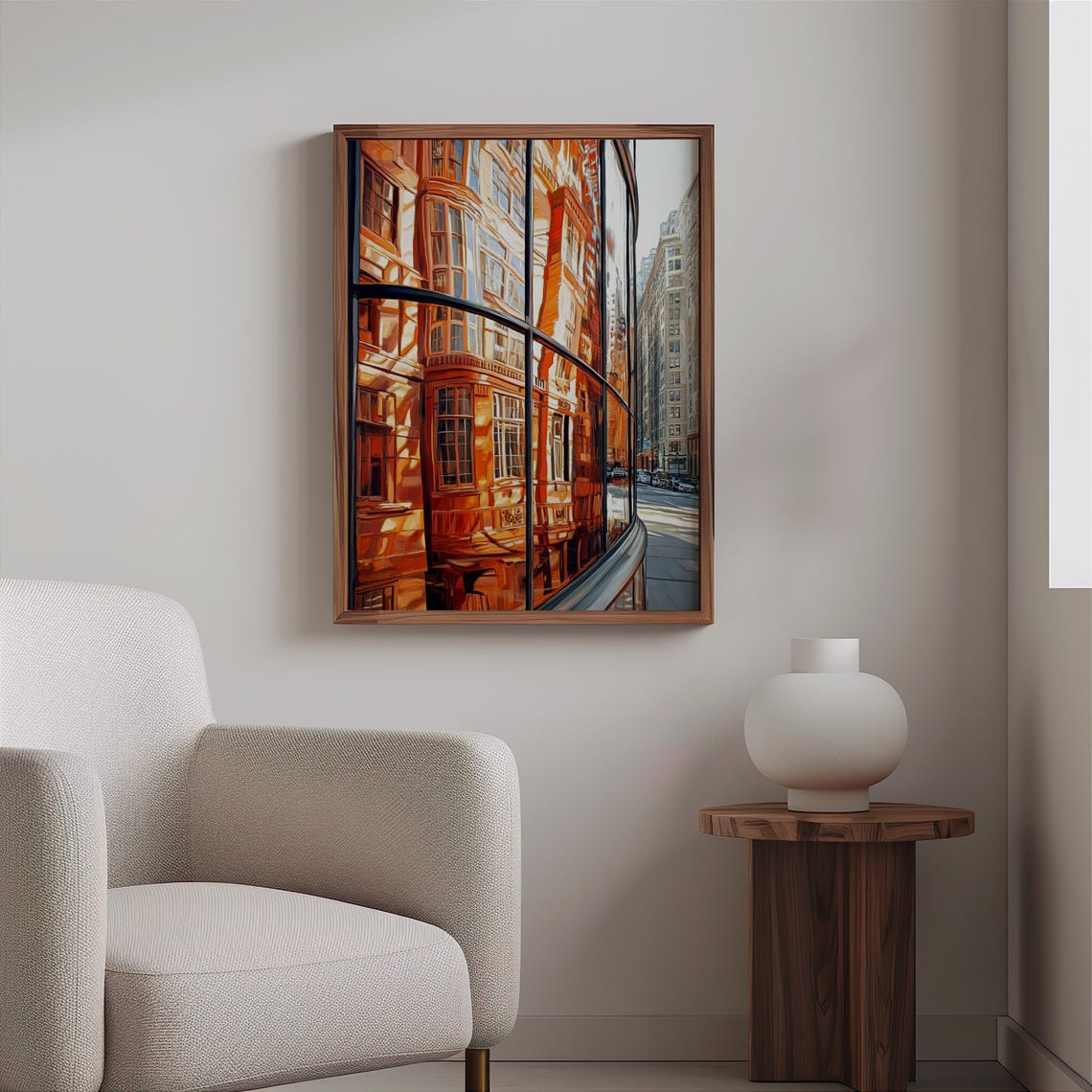 Orange Brick Buildings Reflected Curved Bus Window Art Poster - Image 2