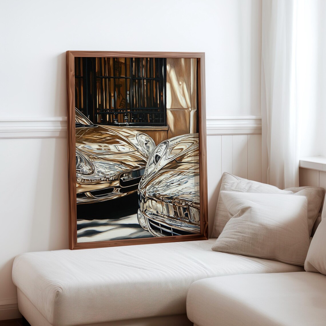 Twin Chrome Vintage Sports Cars Front Golden Street Auto Poster