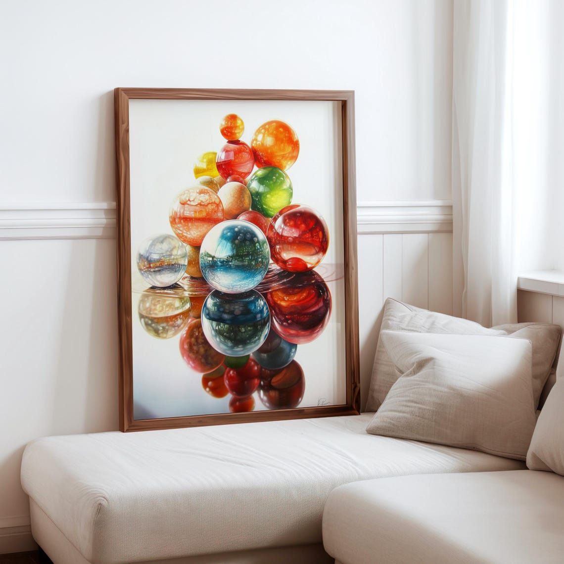 Glass Marble Pyramid Stack White Background Reflective Art Poster