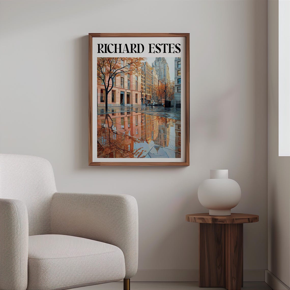 Wet Plaza Brick Buildings Autumn Tree Reflections Photorealism Poster - Image 2