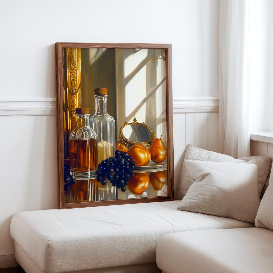 Amber Decanters and Dark Grapes Window Light Still Life Poster
