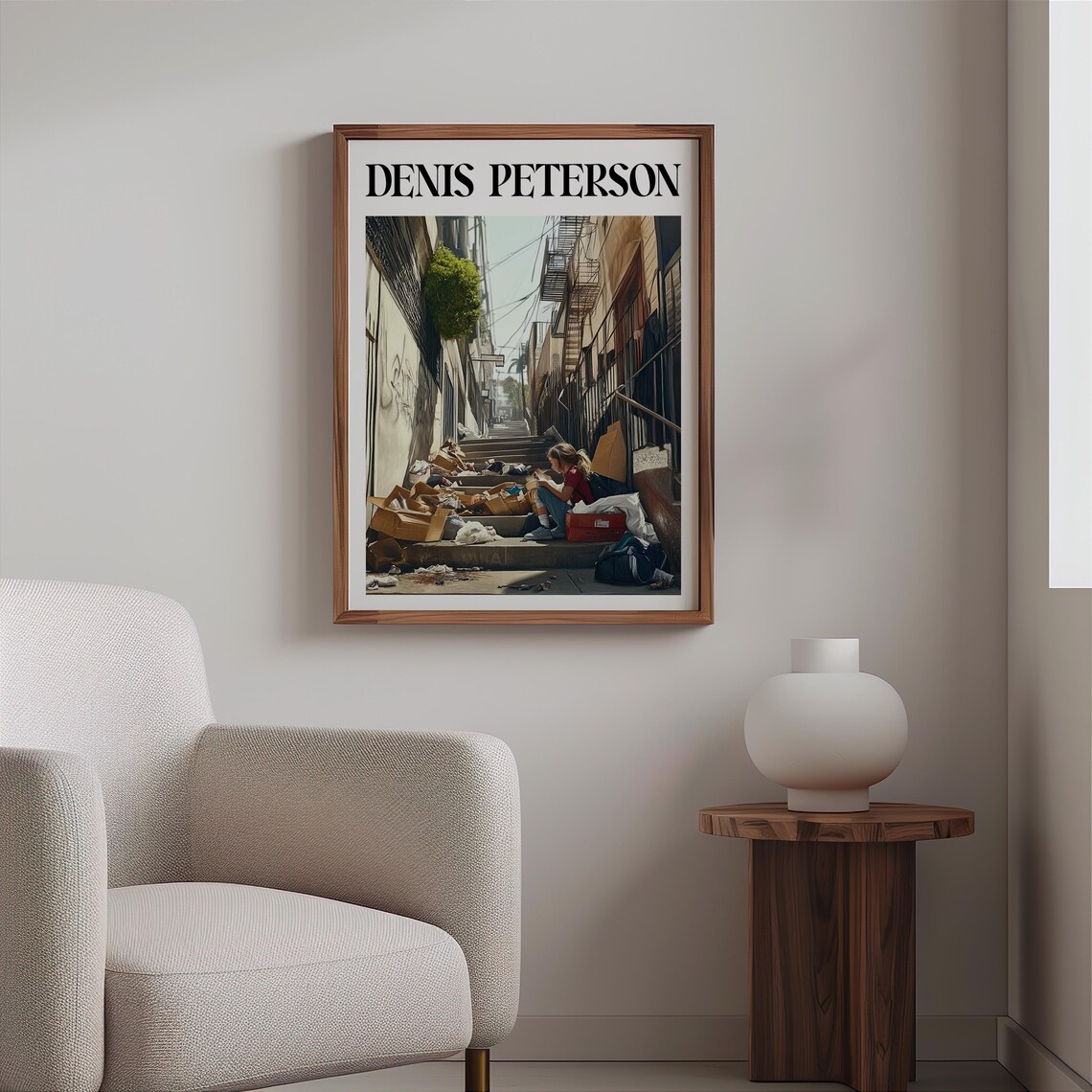 Denis Peterson Woman Reading Steps Cardboard Boxes Alley Art Poster - Image 2