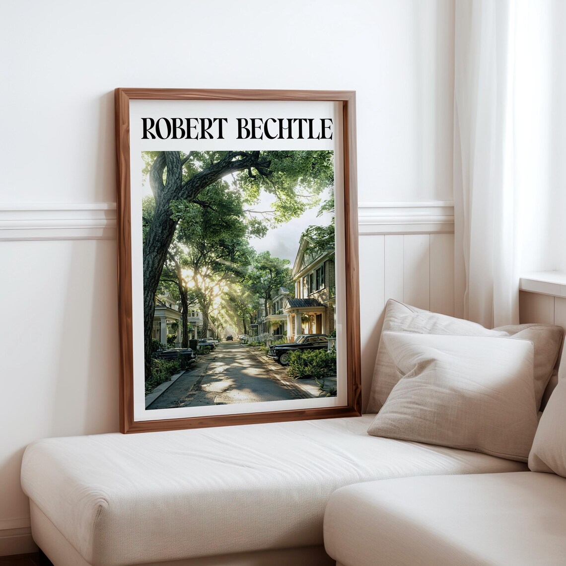 Sunlit Tree Lined Suburban Street Classic Cars Photorealism Art Poster