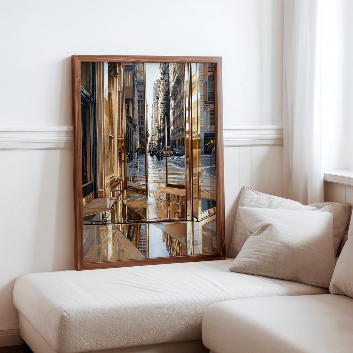 Photorealistic Brass Glass Doors Reflecting City Street Poster