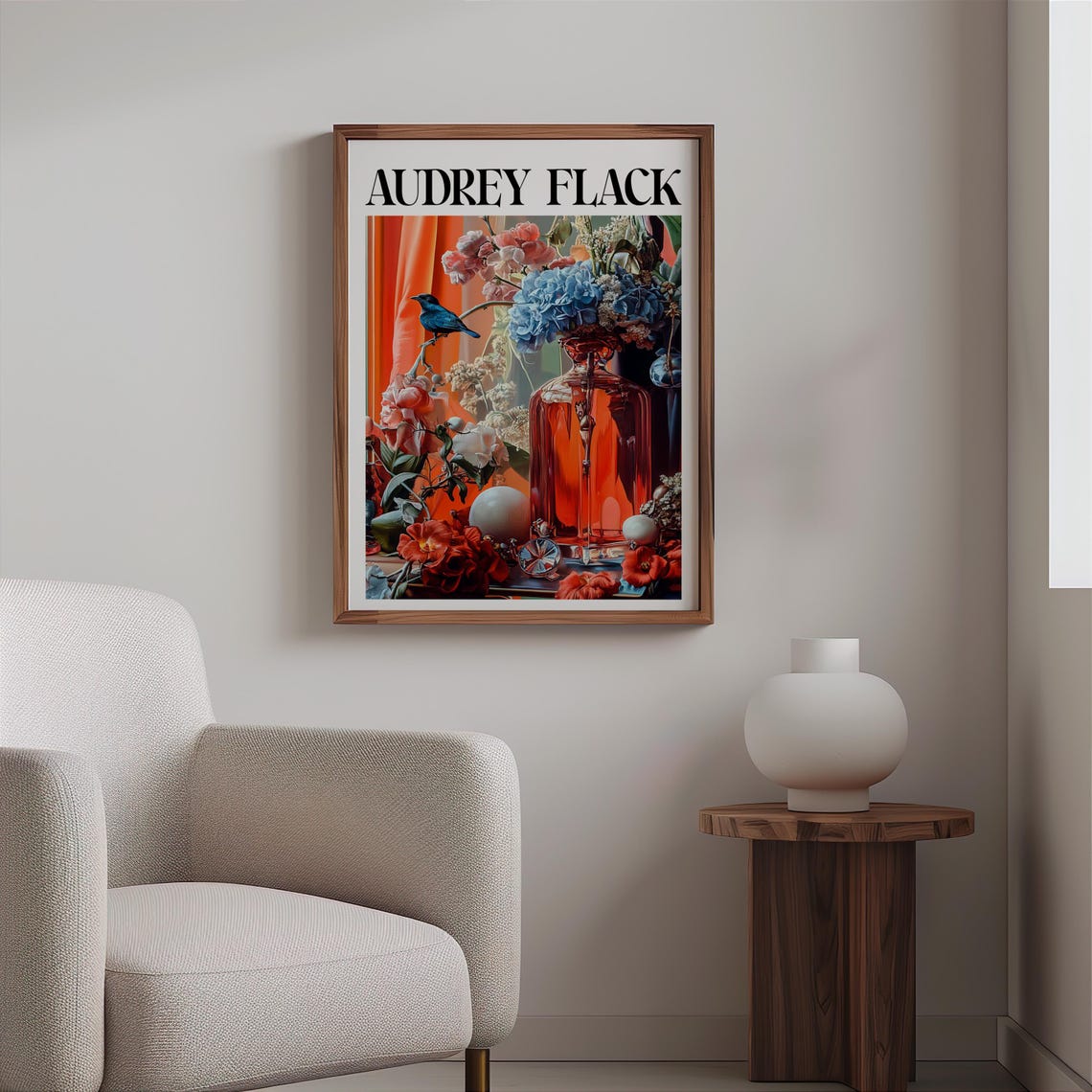 Audrey Flack Orange Bottle Blue Hydrangeas Bird Still Life Art Poster - Image 2