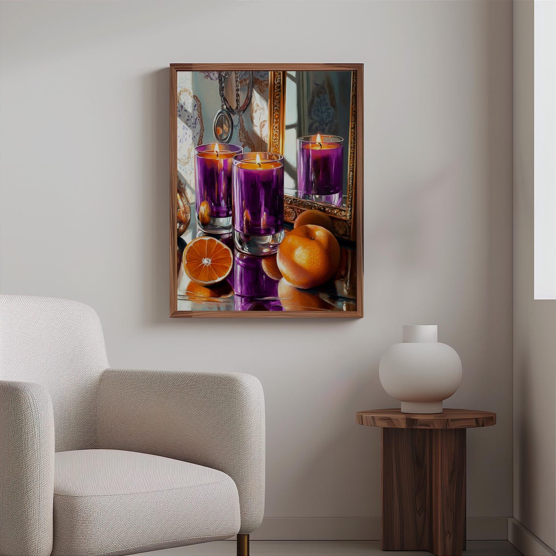 Purple Glass Candles Still Life with Oranges Photorealism Art Print - Image 2