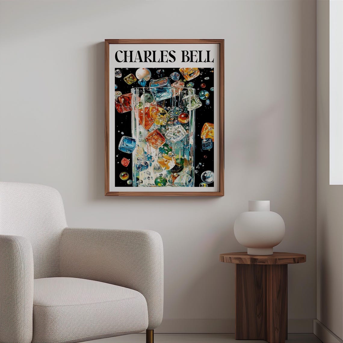 Charles Bell Glass Tumbler Marbles Ice Cubes Floating Black Art Poster - Image 2