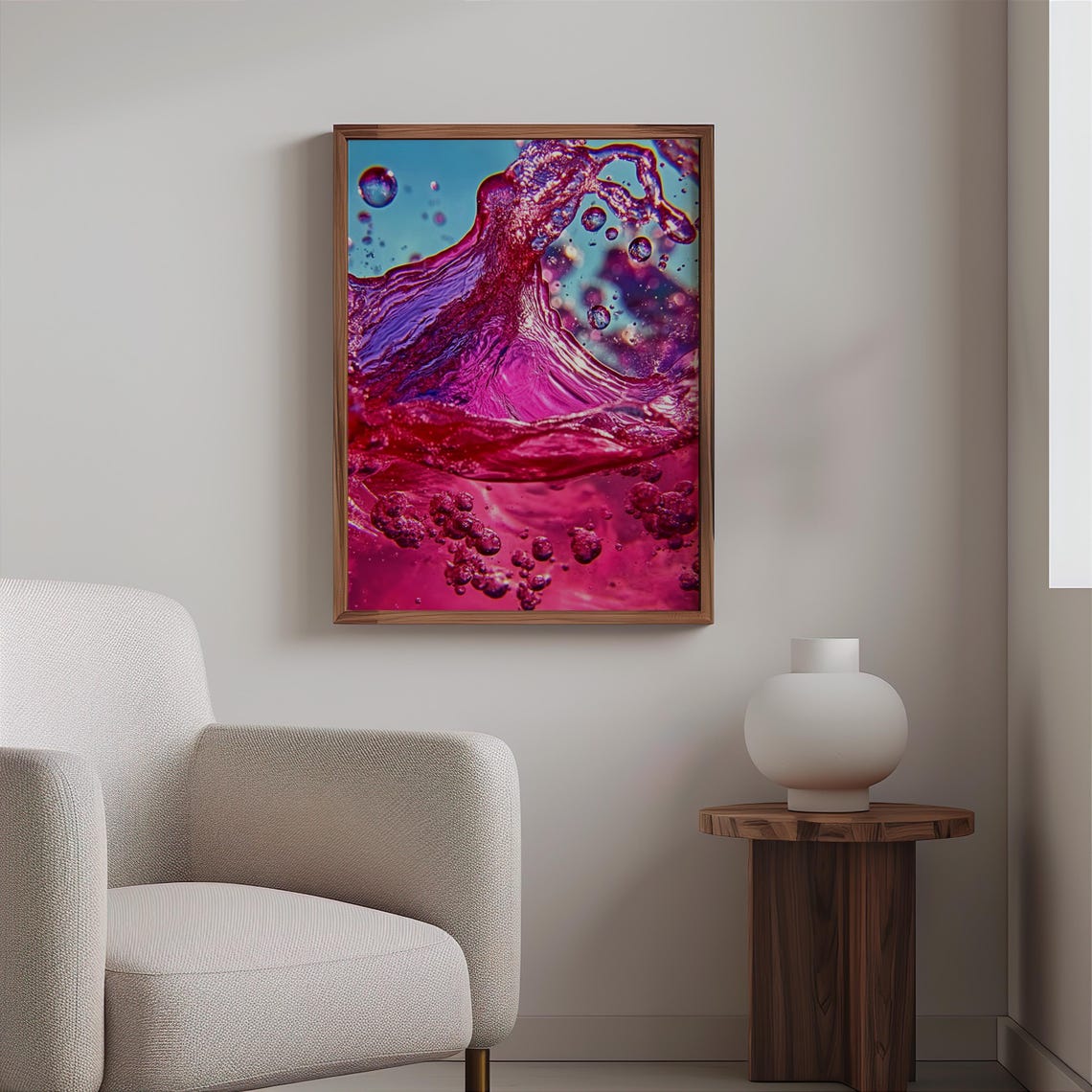 Pink Liquid Splash Cyan Bubbles Photorealistic Abstract Art Poster - Image 2