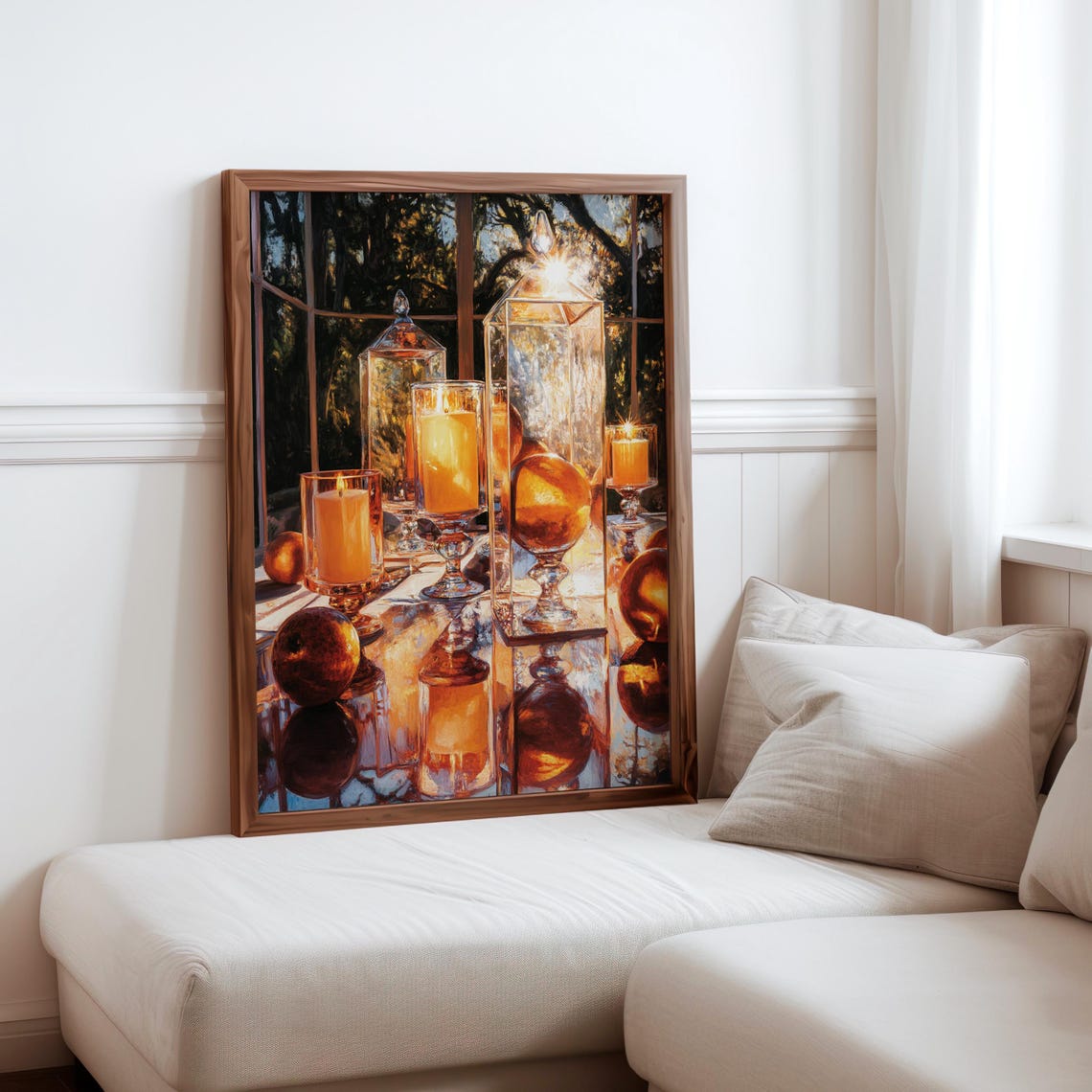 Amber Glass Hurricanes Candle Cluster Window Still Life Art Print