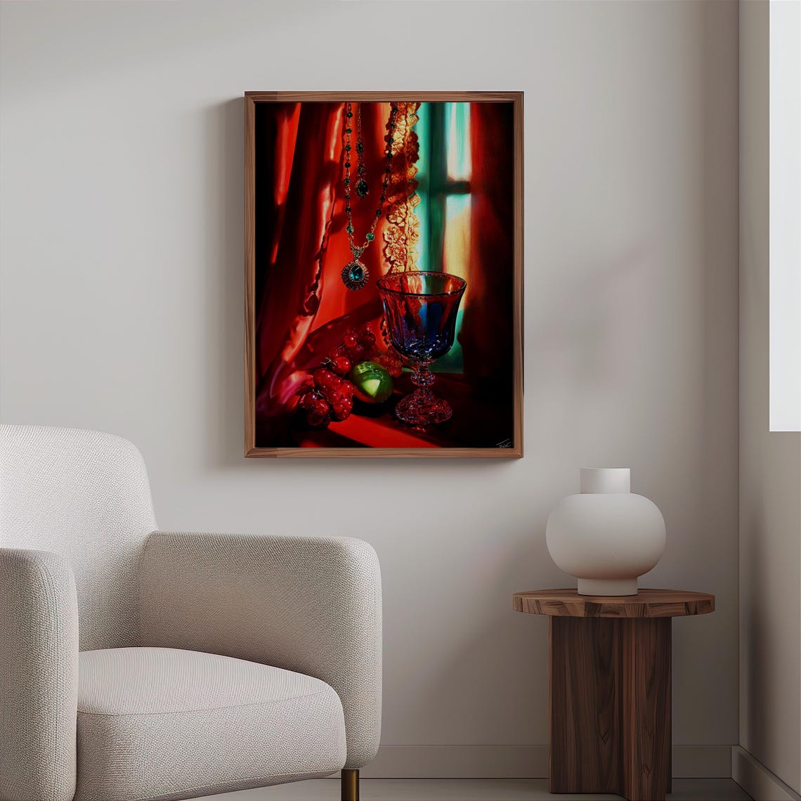 Crystal Goblet Emerald Pendant Grapes Red Silk Photorealism Poster - Image 2