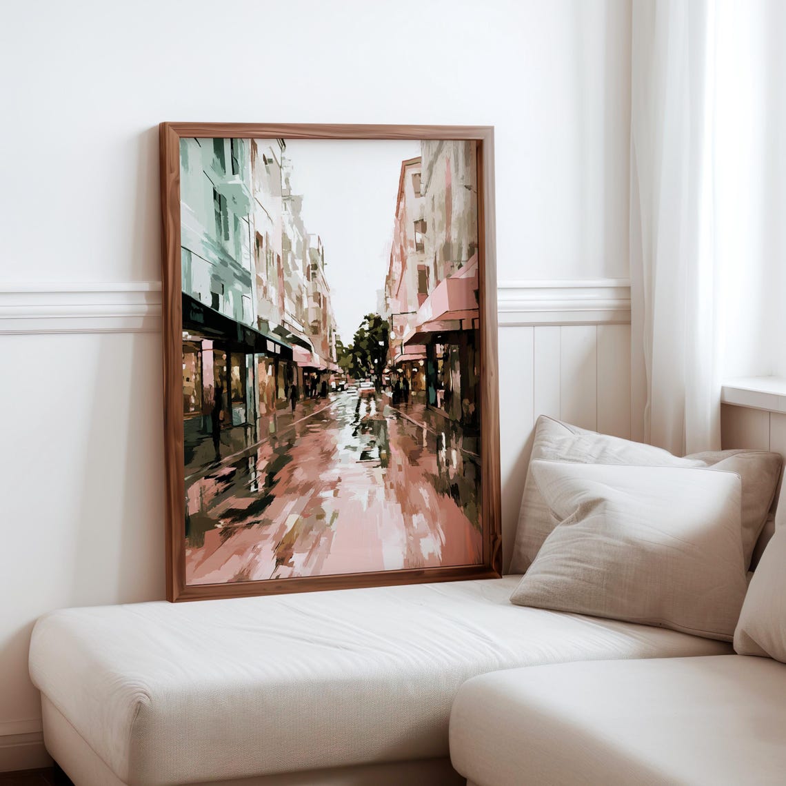 Pastel Pink Rainy City Street Wet Reflections Soft Blurred Art Poster